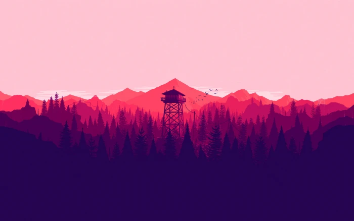 silhouette of watch tower Firewatch video games mountains 2k