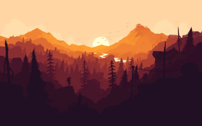 orange mountains wallpaper Firewatch forest video games Olly Moss 2k