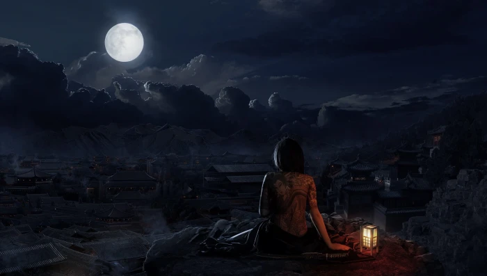 woman sitting in front of moon digital wallpaper village night 2k