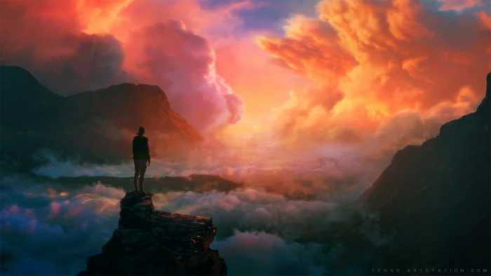 person standing on mountain cliff digital wallpaper landscape 2k