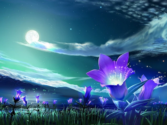 purple flowers under the moon at night wallpaper Artistic Nature