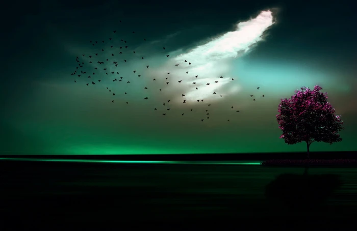 purple leafed tree under green sky digital wallpaper artwork 2k