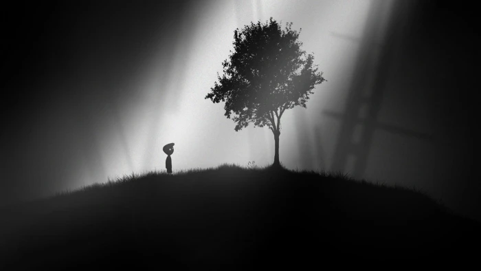 silhouette digital art of person standing near tree trees monochrome 2k