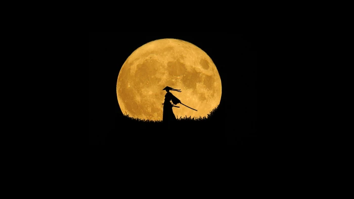 silhouette of person holding sword during full moon samurai 2k 4k