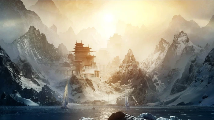 temple near body of water surrounded by mountains wallpaper artwork 2k