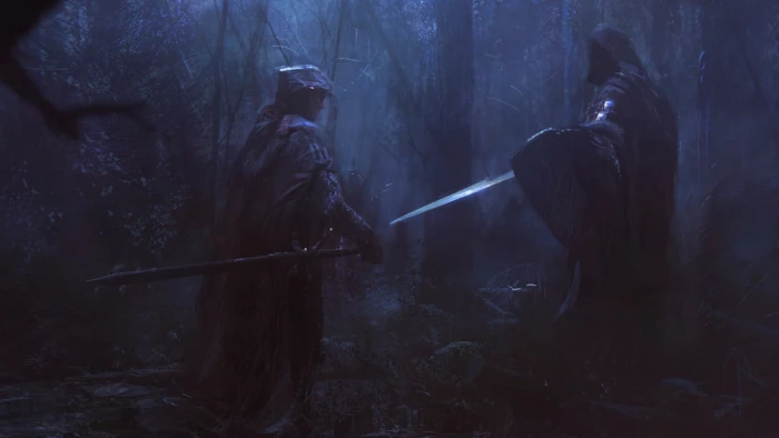 two knights surrounded by trees digital wallpaper artwork fantasy art 2k