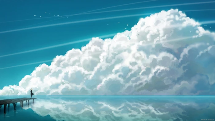 white clouds anime landscape artwork illustration sky cyan 2k