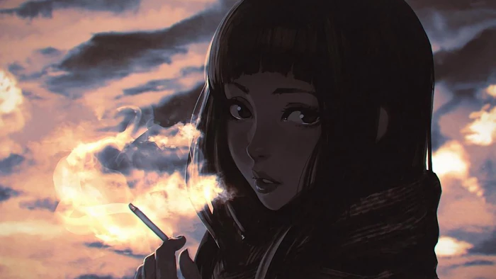 woman smoking anime character wallpaper Ilya Kuvshinov drawing 2k