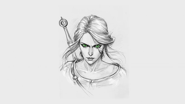 woman with sword sketch The Witcher 3 Wild Hunt fan art green eyes 2k
