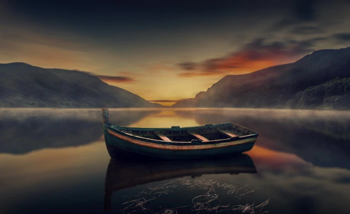 Abandoned Boat on Misty Lake Nature Scenery water nautical vessel 2k