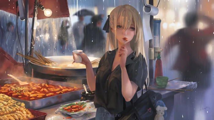 anime girls eating original characters blonde 2k