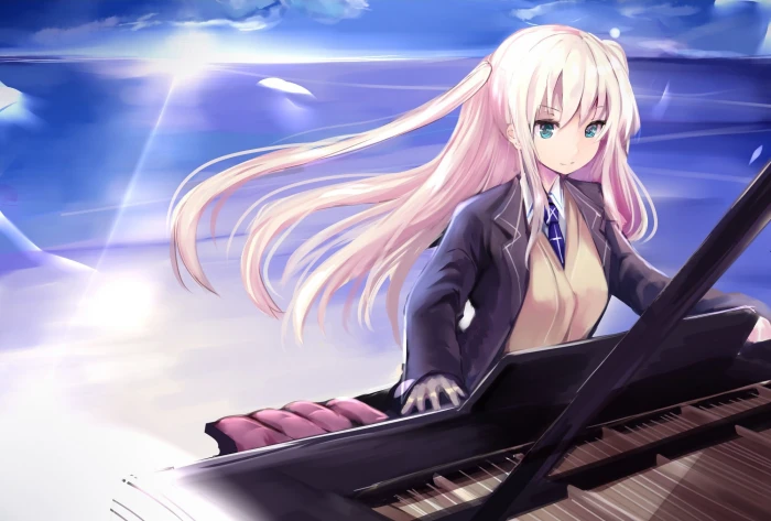 anime girls piano sea beach one person looking at camera 2k