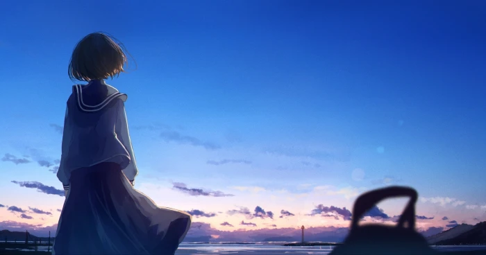 anime school girl back view sky water women sea blue 2k