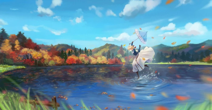 anime girls umbrella nature sky fall Violet Evergarden 2k