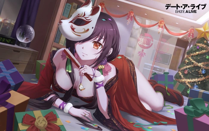 Anime Girls Tokisaki Kurumi Date A Live Christmas Cleavage Traditional Clothing Bblack Hair Red Eyes 2k