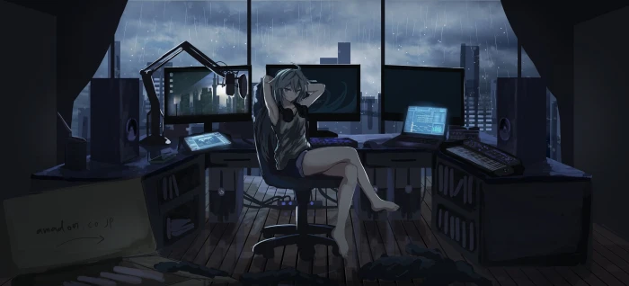 Anime Original Computer Girl Headphones Rain 2k