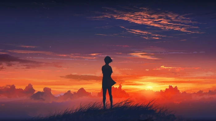 anime sunset sunrise silhouette sky star water dusk 2k