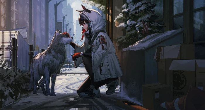 Arknights animal ears wolf snow coats smiling city trash 2k