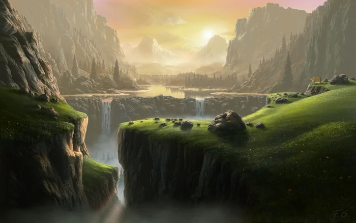 artwork of landscape water falls and mountains waterfall fantasy art 2k
