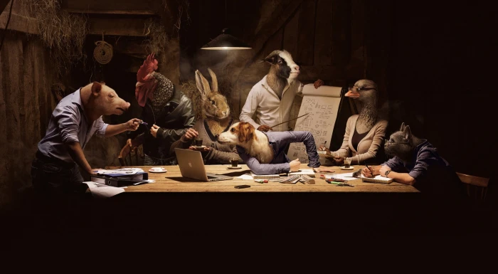 assorted animals illustration group of sitting near table with MacBook scene 2k