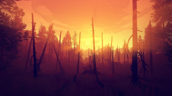 bare trees under clear sky during golden hour wallpaper Firewatch 2k