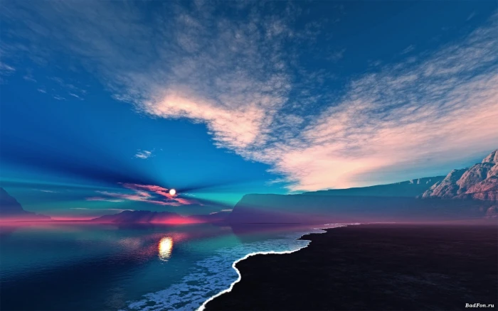 beach under blue sky artwork digital art horizon sea colorful 2k