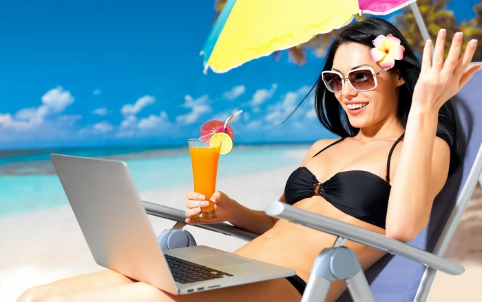 beach beauty cocktail girl laptop summer umbrella woman 2k