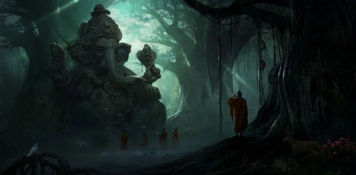 birds plants sun rays trees mist monks monkey dark Ganesha 2k