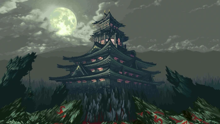 black temple illustration pixel art pixels 8 bit rock Asian architecture 2k