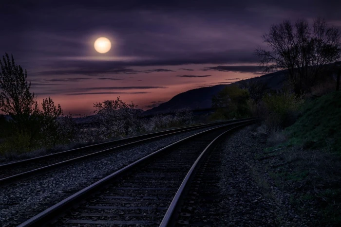 black train railway landscape photography nature Moon night 2k