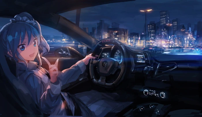 blue haired girl anime illustration girls car Ferrari 2k
