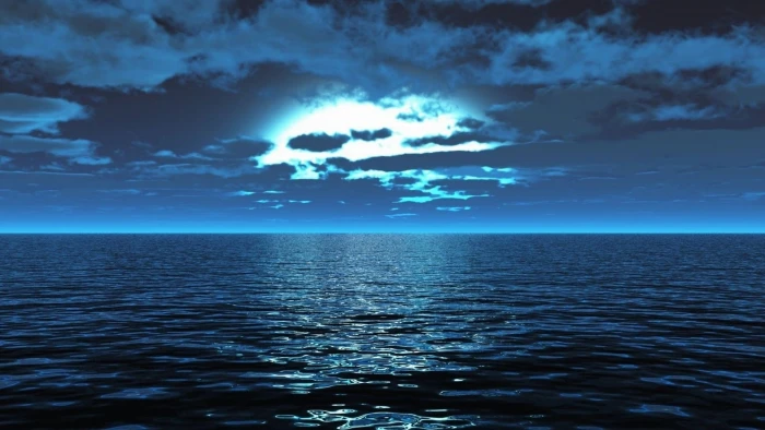 blue ocean sea surface calm smooth light night 2k