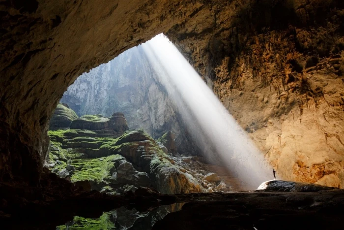 cave Hang Son Doong sun rays nature rock grass landscape