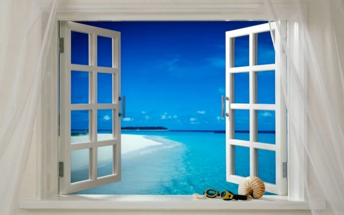 clear full glass shutter window open ocean sea beach curtains 2k