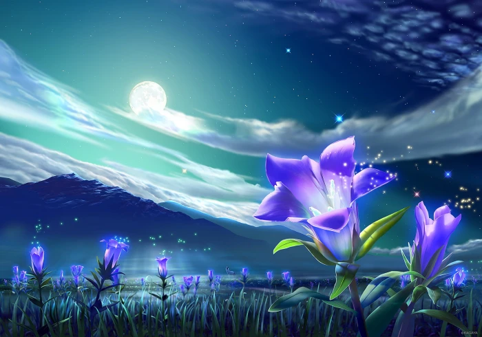 animal clouds flowers grass kagaya landscape moon night 2k