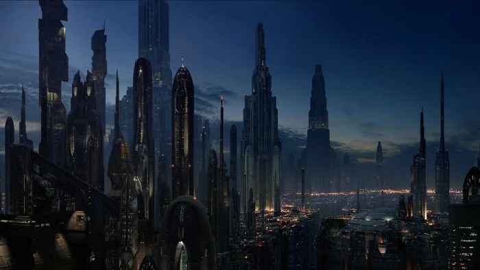 city buildings cityscape futuristic Star Wars Coruscant dystopian 2k