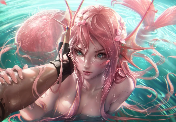 anime girls mermaids tail tattoo wet pink hair 2k
