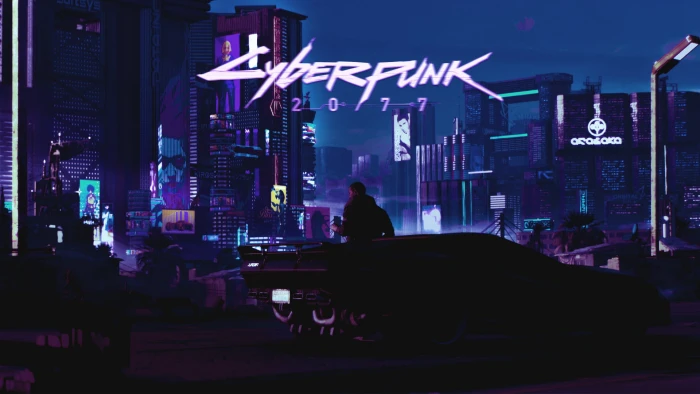 Cyberpunk digital wallpaer Retrowave car city 2k