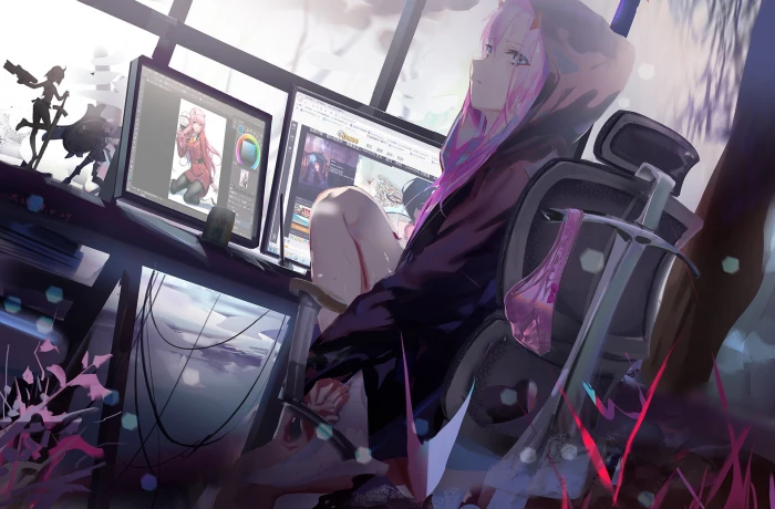anime girls Zero Two Darling in the FranXX artwork 2k