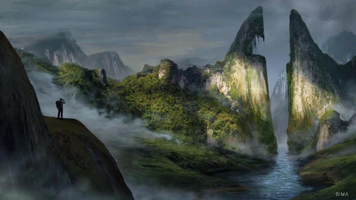 Fantasy Landscape Adventurer Mountain Scenery Sky beauty in nature 2k