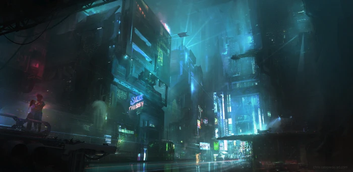 digital art artwork cyberpunk science fiction city illuminated 2k