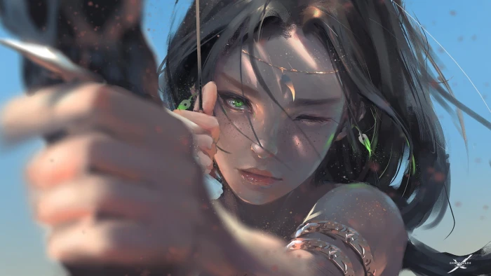 female anime character illustration holding a bow wallpaper 2k