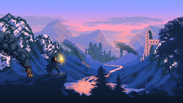 game digital wallpaper pixel art fantasy mountains 2k
