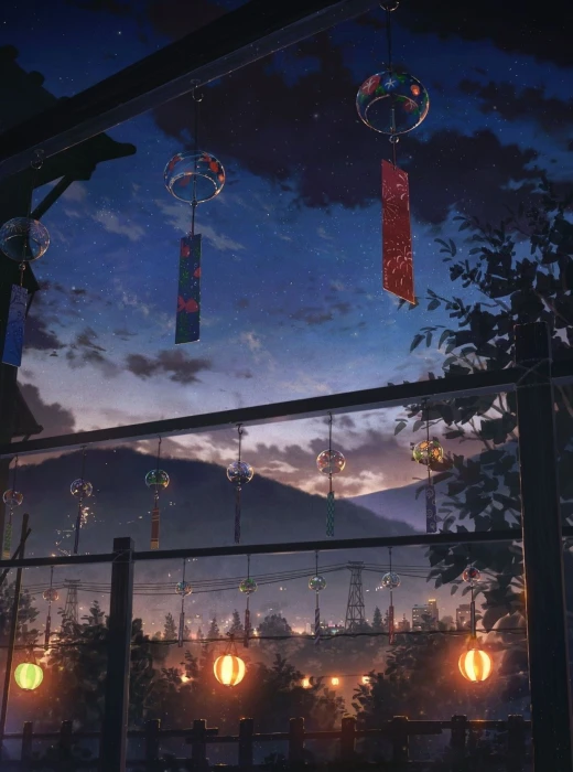 anime nature lantern dark sky stars