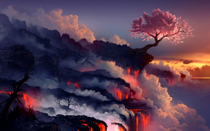 pink leafed tree petaled flower near the edge of a mountain 2k