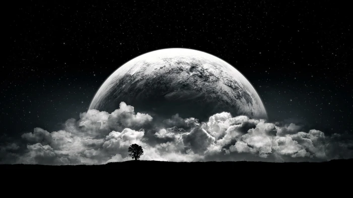 planet Moon clouds stars night black white space monochrome 2k