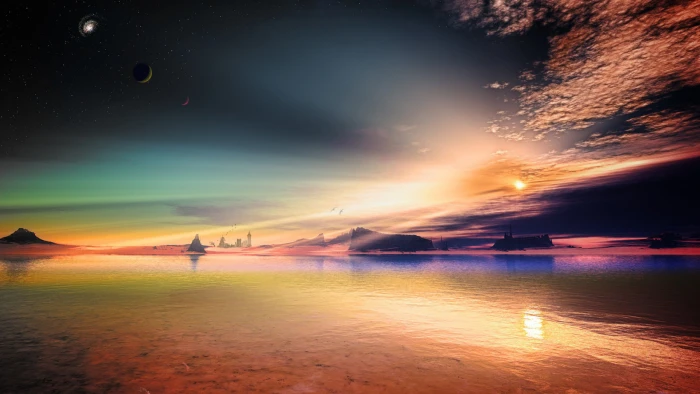 space sunset sunrise sky silhouette beach sea clouds 2k