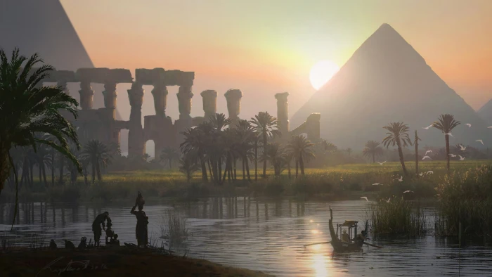 Pyramid and lake illustration video games landscape Egypt 2k
