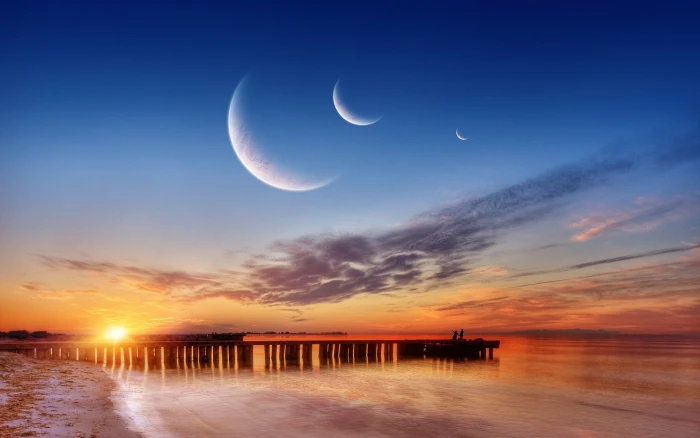 sunset pier beach sky water sea coast clouds Moon 2k