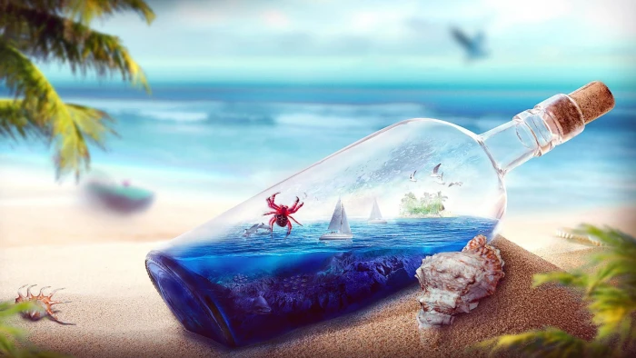 Beach bottle ocean blue water filled clear glass crab 2k